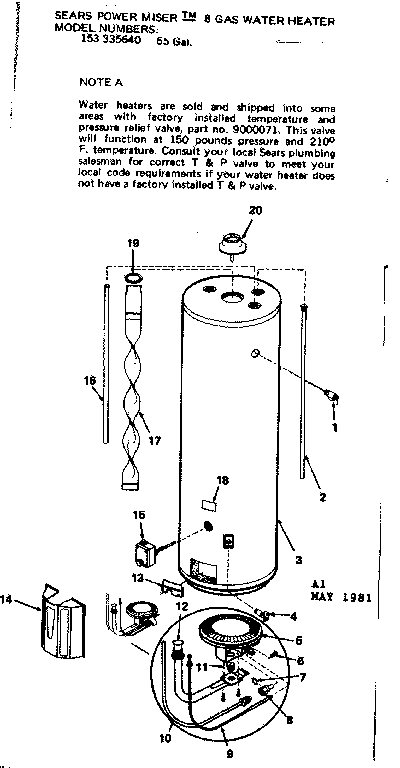 Replacement Parts Diagram and Parts List for 153335640  Kenmore Water Heater