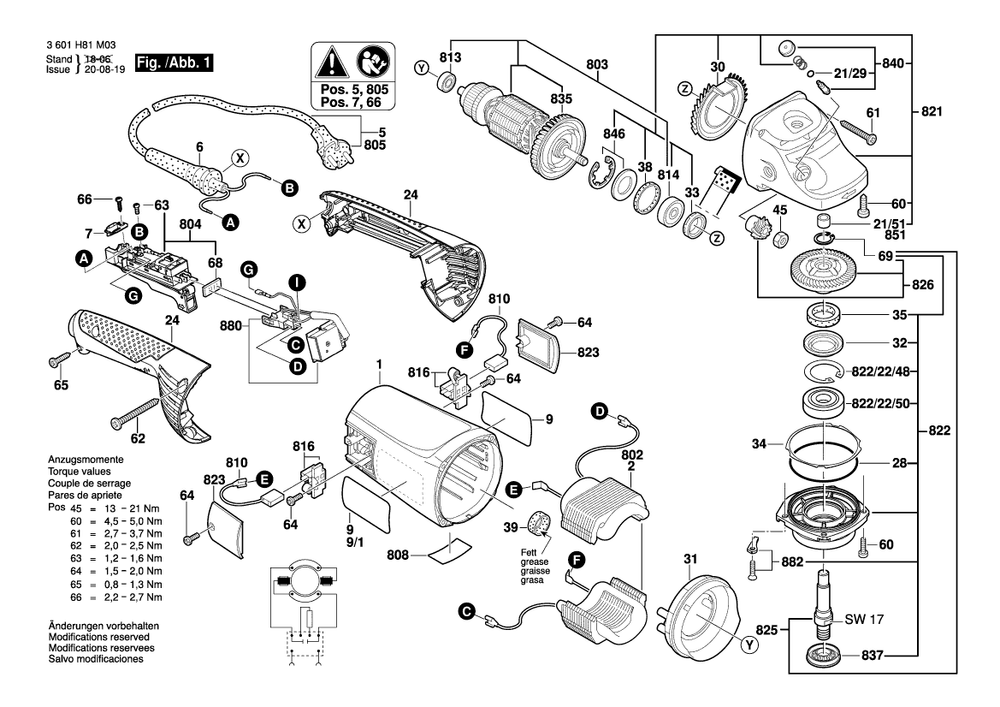 Diagram 1 Diagram and Parts List for GWS22-180JH 3 601 H81 M03 Bosch Angle Grinder