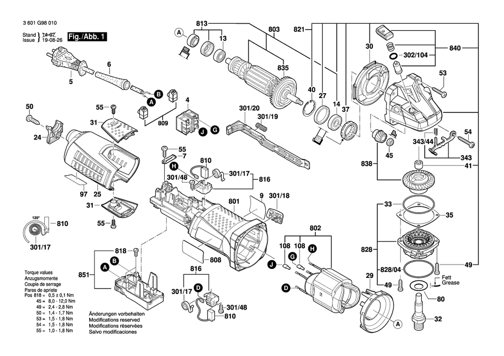 Diagram 1 Diagram and Parts List for AG60-125 3 601 G98 010 Bosch Angle Grinder