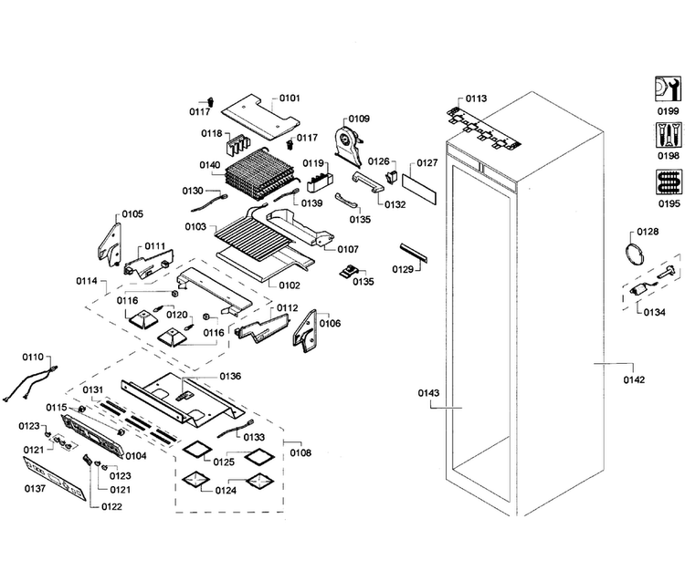 Cabinet Parts Diagram and Parts List for T24ID80NLP 45 Thermador Freezer