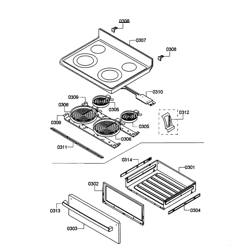 Drawer/top Assy Diagram and Parts List for HES3053U 04 Bosch Range