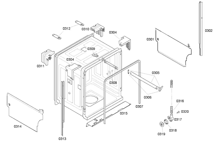 Cabinet Diagram and Parts List for SHE43F06UC 50 Bosch Dishwasher