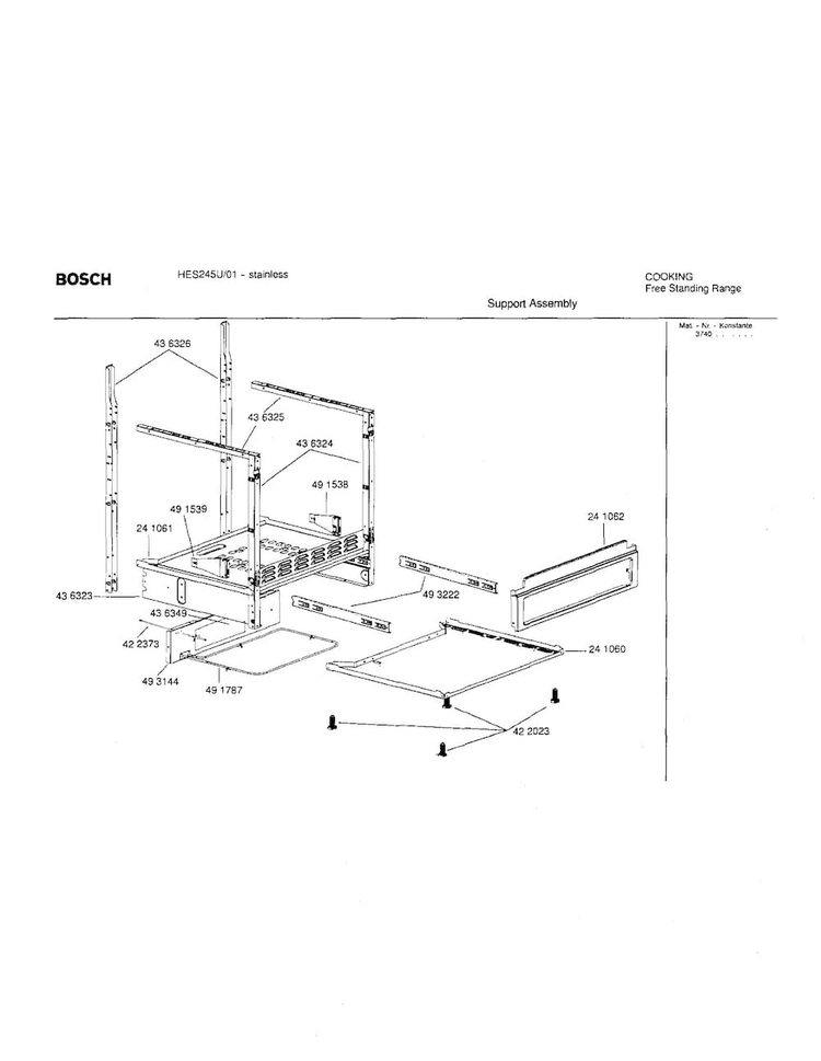 Support Assembly Diagram and Parts List for HES245U 01 Bosch Range