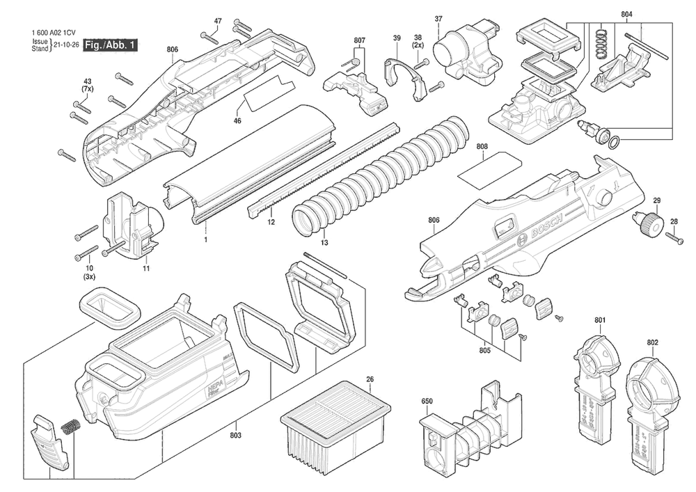 Section 1 Diagram and Parts List for GDE28D 1600A021CV Bosch Dust Collector