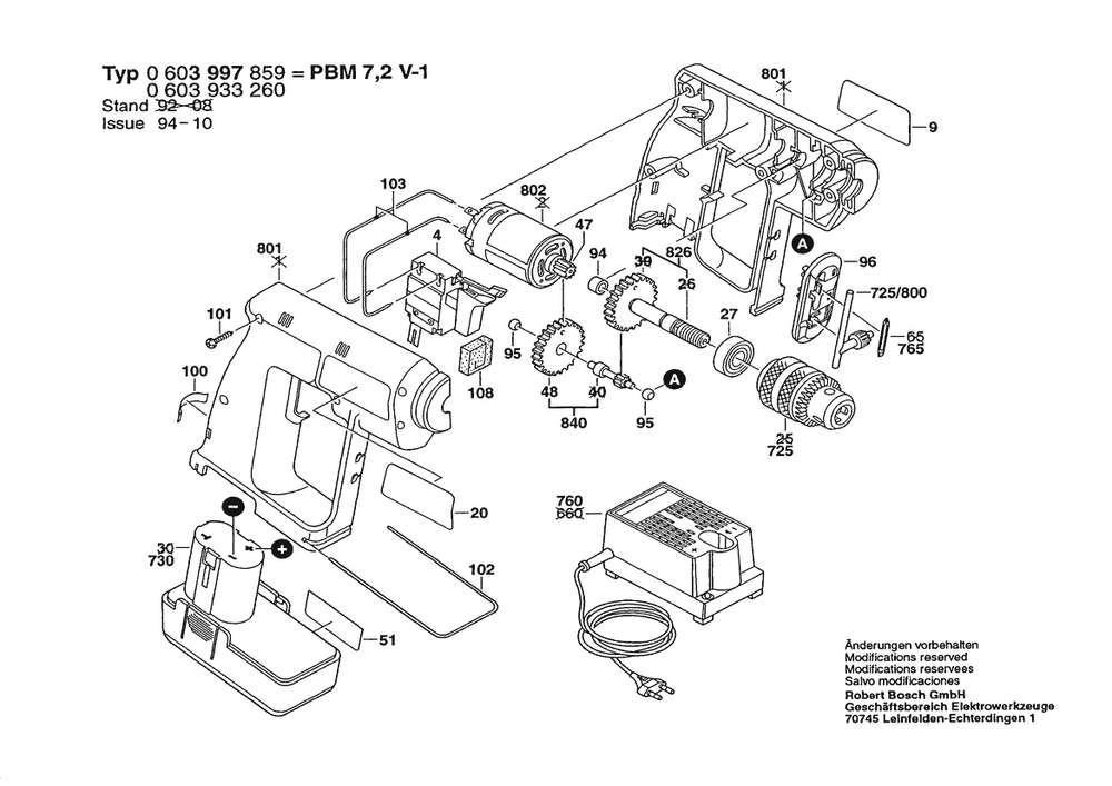 Section 1 Diagram and Parts List for 0603933261  Bosch Cordless Drill