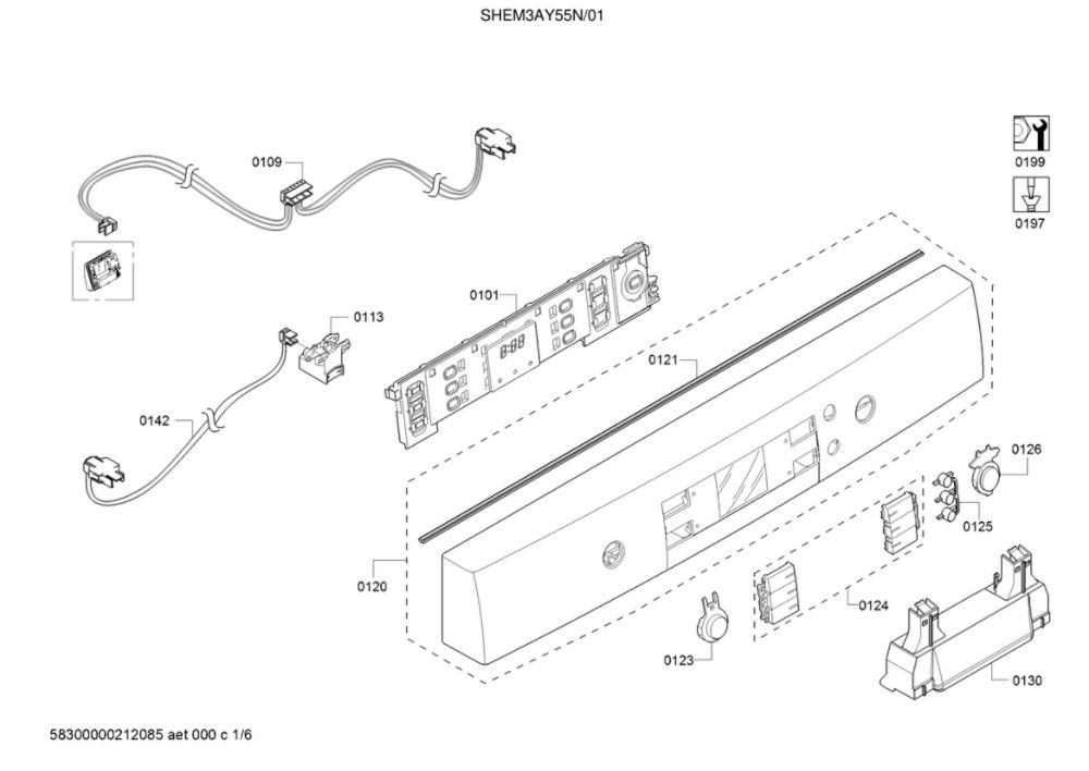 Fascia Panel/Wire Harness/Main Switch Diagram and Parts List for SHEM3AY55N 01 Bosch Dishwasher