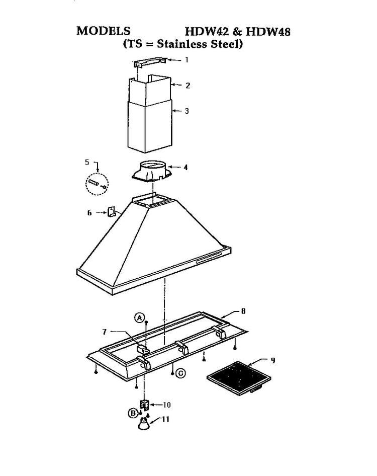 Section 1 Diagram and Parts List for HDW48  Thermador Range Hood