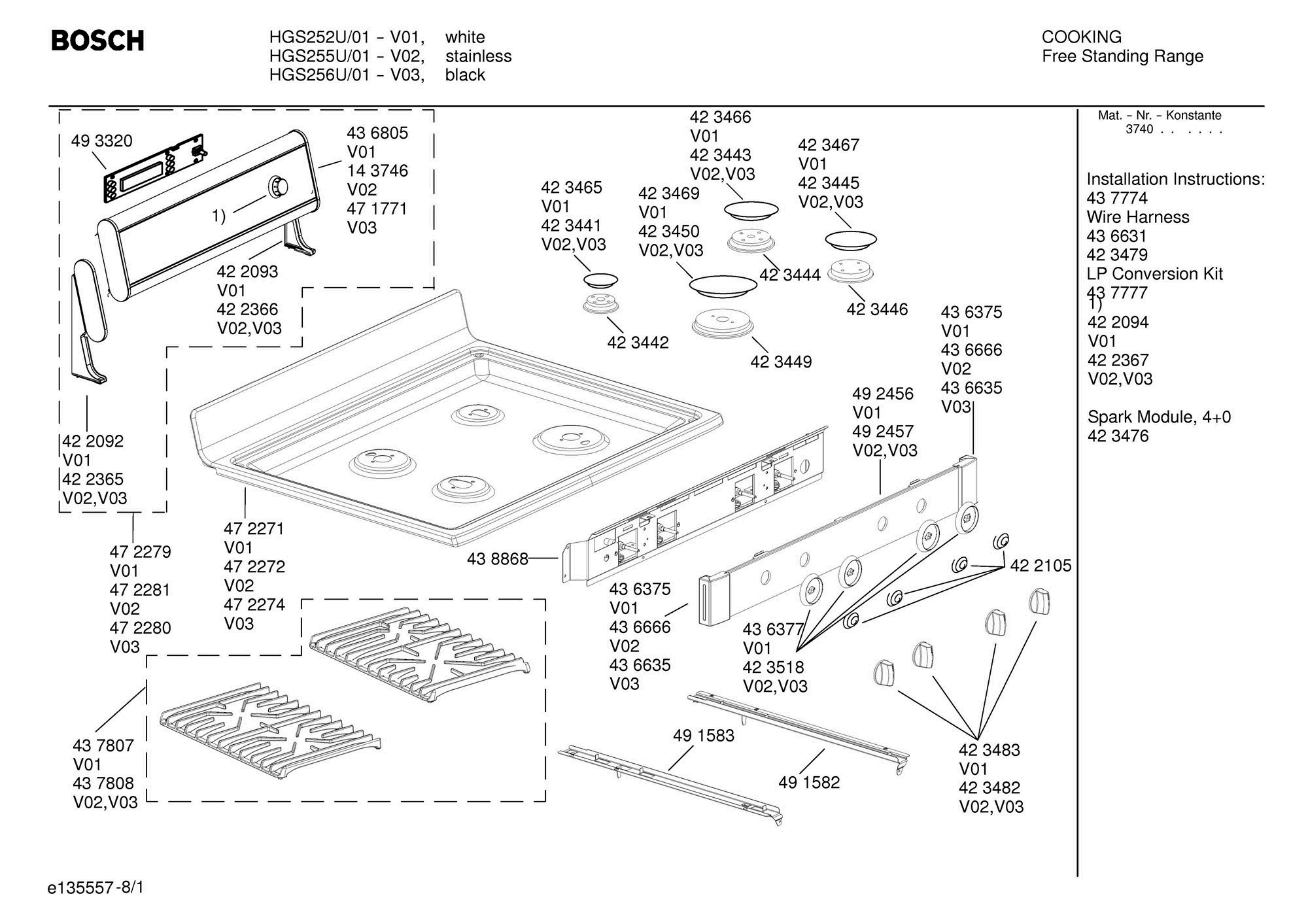 01 - MAINTOP Diagram and Parts List for HGS255U  Bosch Range