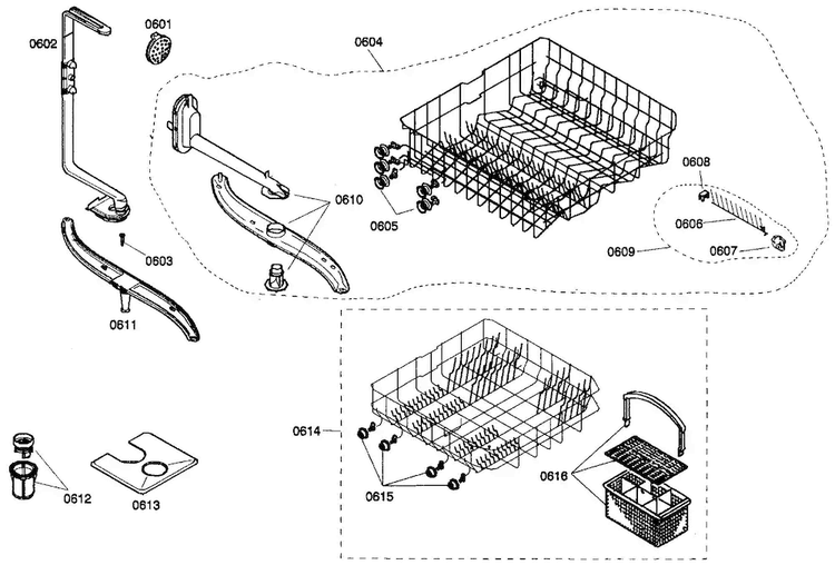 Basket Assy Diagram and Parts List for SHE44C06UC 22 Bosch Dishwasher