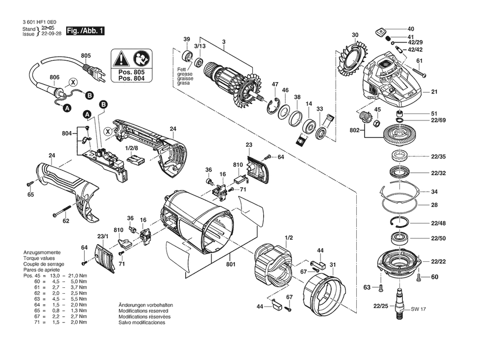 Section 1 Diagram and Parts List for GWS28-180 3601HF50G1 Bosch Angle Grinder