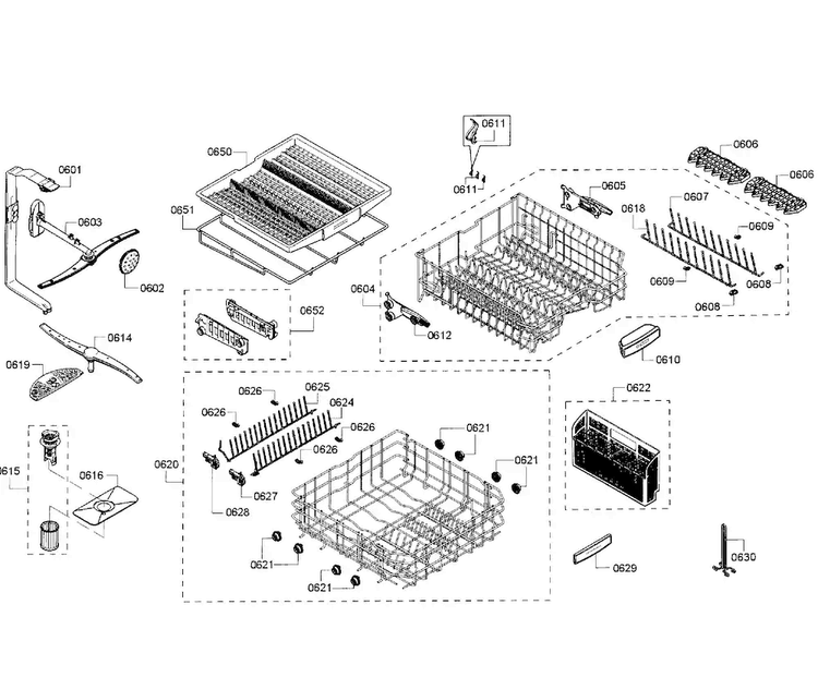 Baskets Diagram and Parts List for SHX68T56UC 01 Bosch Dishwasher