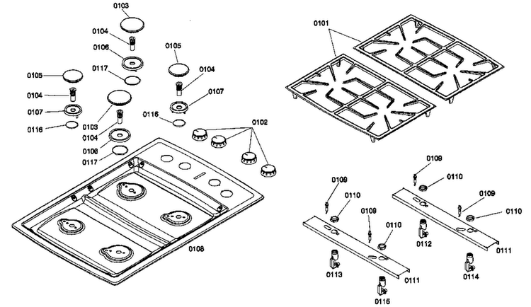 Grille Assy Diagram and Parts List for NGT742UC 01 Bosch Cooktop