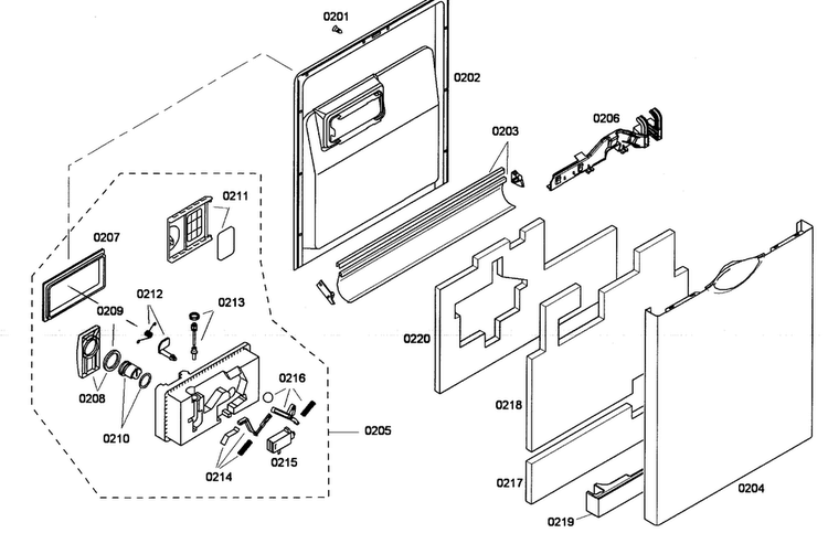 Door Assy Diagram and Parts List for SHE43M05UC 52 Bosch Dishwasher