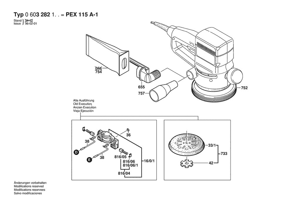 Section 2 Diagram and Parts List for PEX11A-1 0603282142 Bosch Orbital or Palm Sander