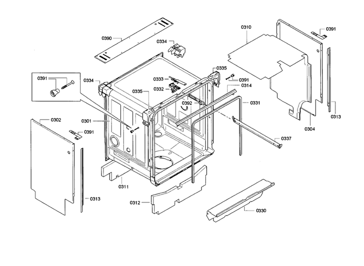 Frame & Cavity Diagram and Parts List for SGE63E06UC 86 Bosch Dishwasher