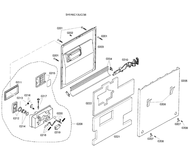 Door Assy Diagram and Parts List for SHV46C13UC 36 Bosch Dishwasher