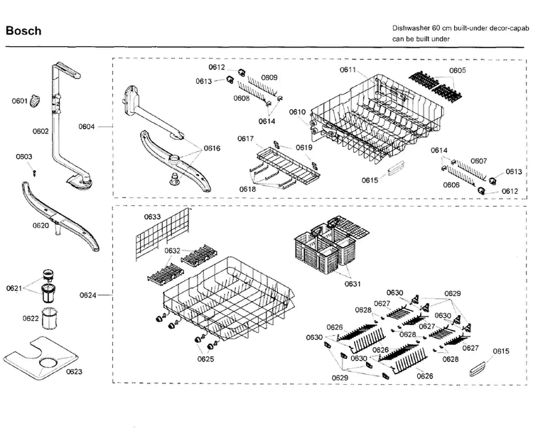 Rack Diagram and Parts List for SHE99C05UC 38 Bosch Dishwasher
