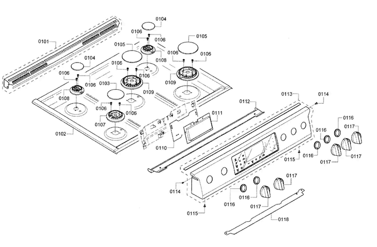 Burner & Control Panel Diagram and Parts List for HGI8054UC 01 Bosch Range
