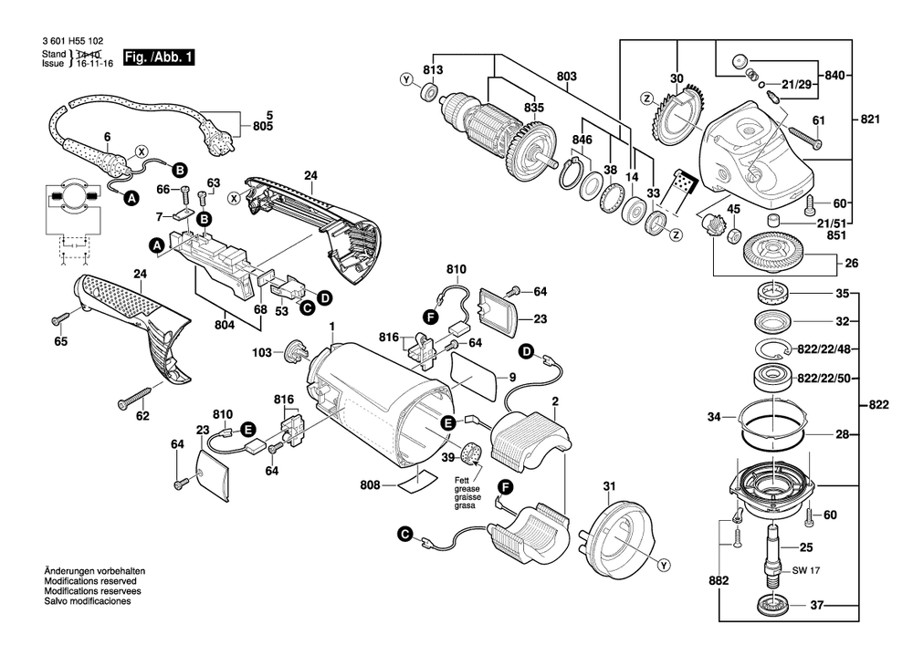 Diagram 1 Diagram and Parts List for 3601H551F0  Bosch Angle Grinder