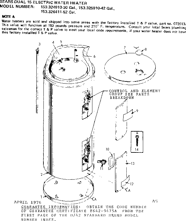 Non-functional Replacement Parts Diagram and Parts List for 153325910  Kenmore Water Heater