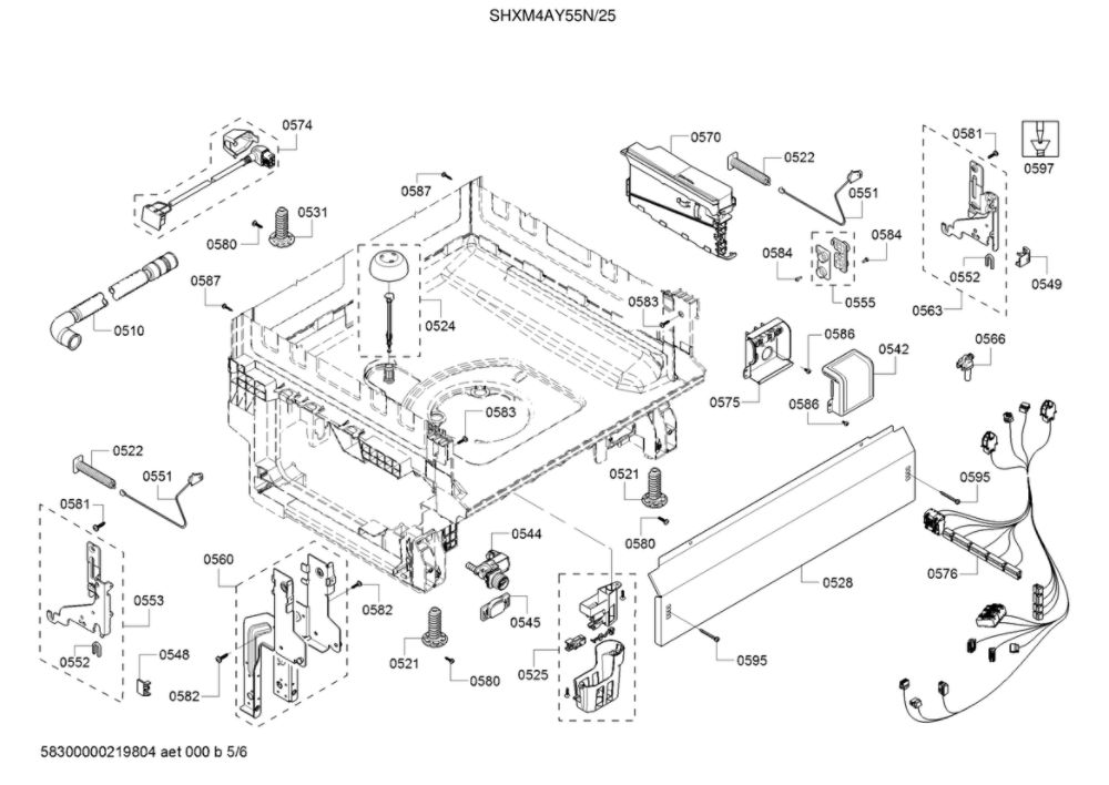 Base/Drain Hose/Main Harness Diagram and Parts List for SHXM4AY55N 25 Bosch Dishwasher