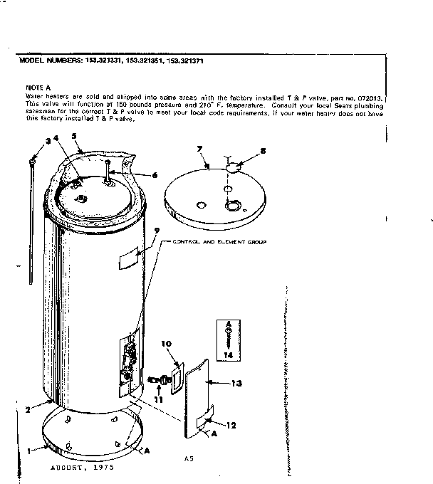 Non-functional Replacement Parts Diagram and Parts List for 153321351  Kenmore Water Heater