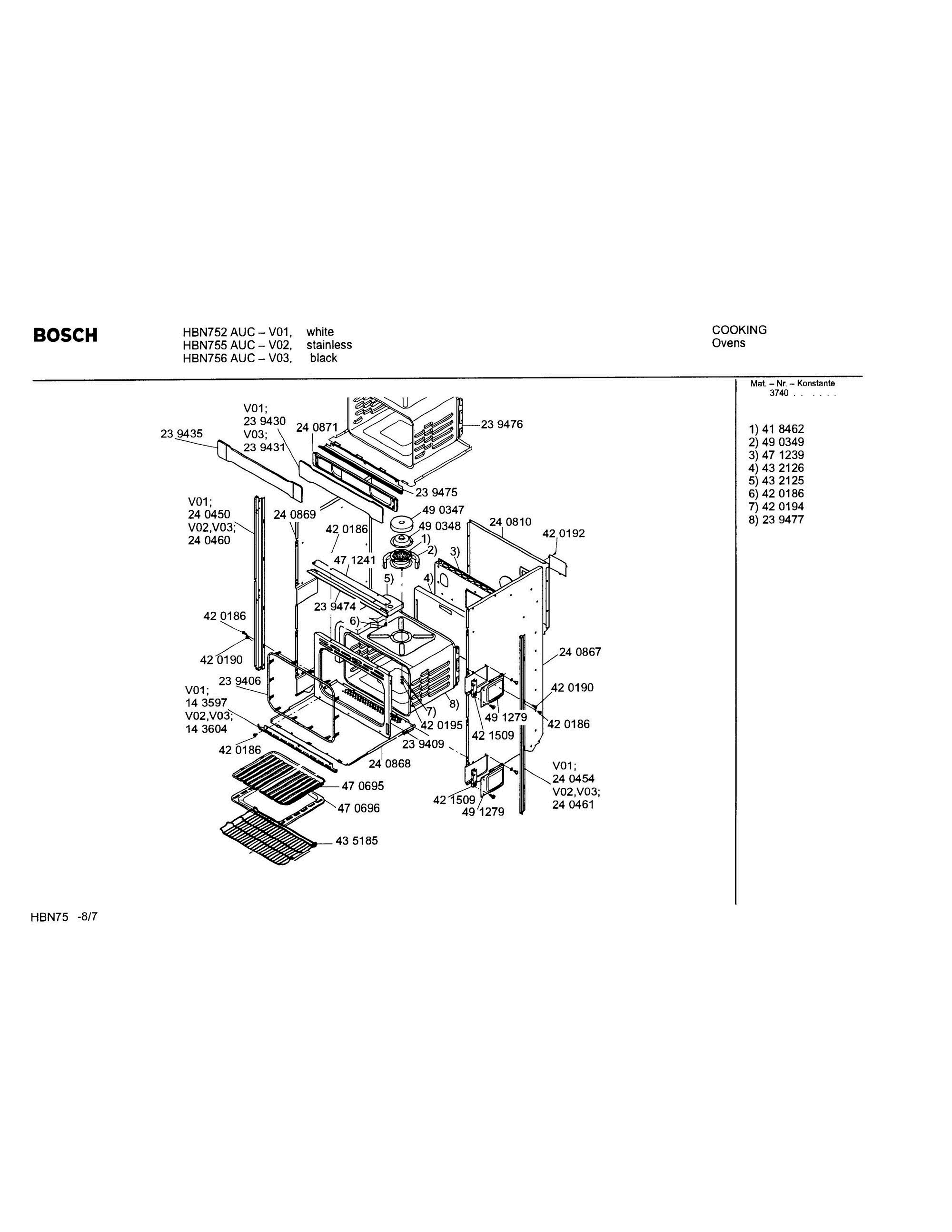 07 - LOWER BODY Diagram and Parts List for HBN756AUC(FD8207-)  Bosch Wall Oven