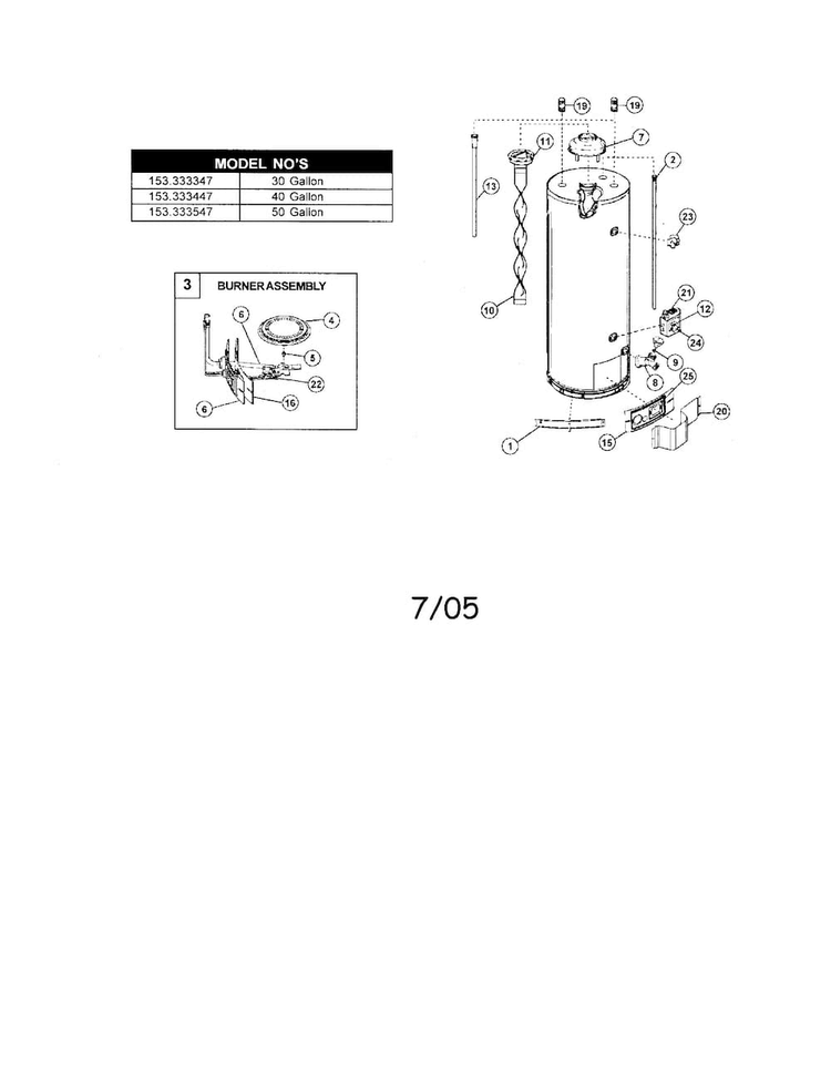 Water Heater Diagram and Parts List for 153333547  Kenmore Water Heater