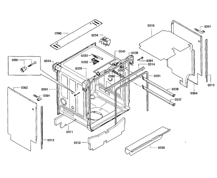 Cabinet Section Diagram and Parts List for SHE9PT55UC A5 Bosch Dishwasher
