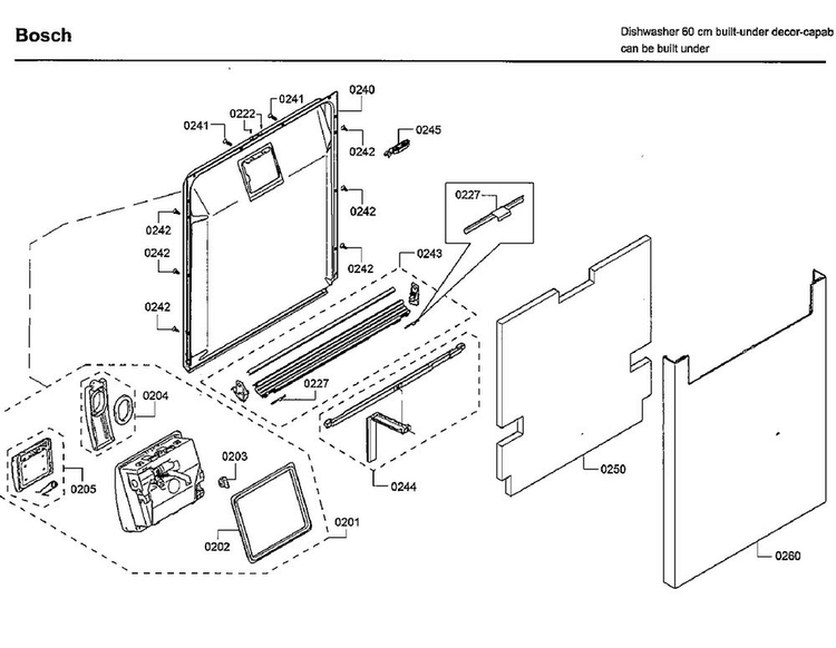 Door Diagram and Parts List for SHE53T55UC 09 Bosch Dishwasher