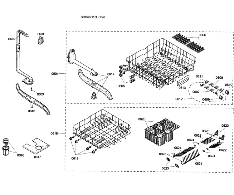 Baskets Assy Diagram and Parts List for SHV46C13UC 26 Bosch Dishwasher