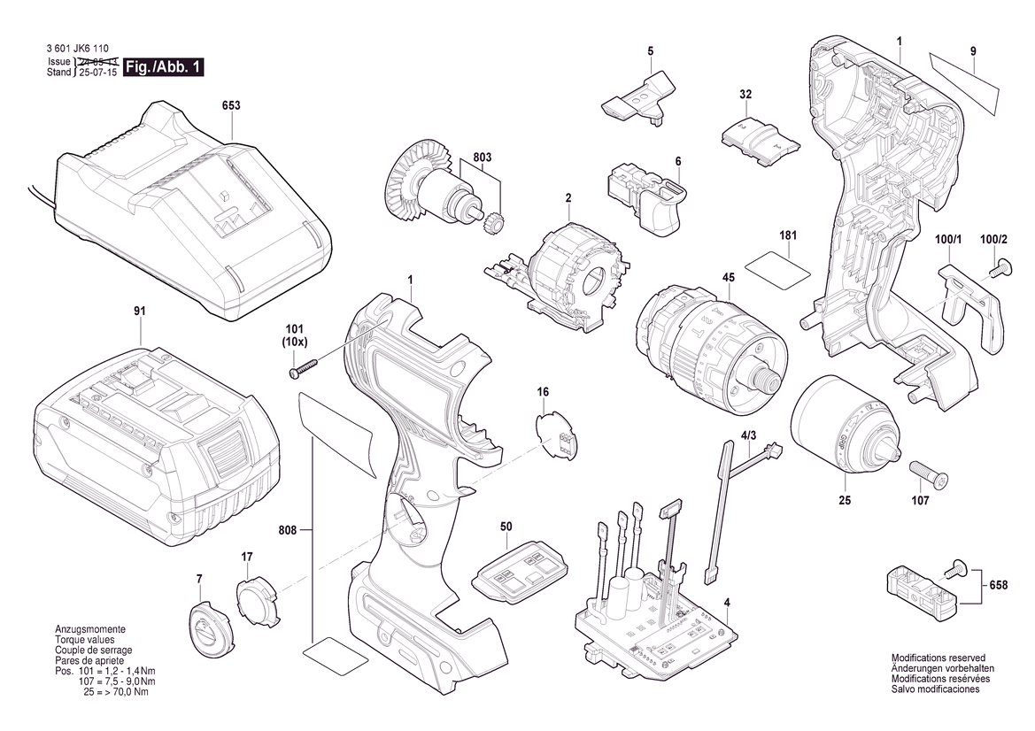 Figure 1 Diagram and Parts List for 3601JK6110 GSB18V-800C Bosch Cordless Drill
