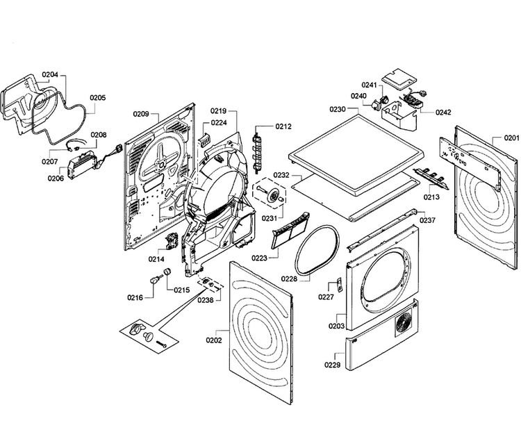 Cabinet Diagram and Parts List for WTC82100US 05 Bosch Dryer