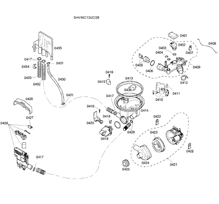 Pump Assy Diagram and Parts List for SHV46C13UC 28 Bosch Dishwasher