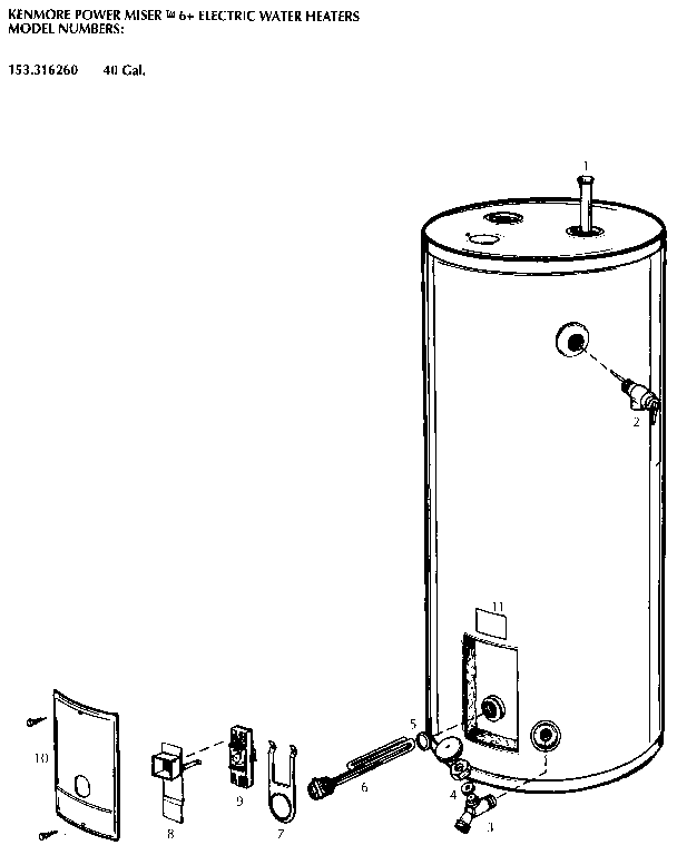 Replacement Parts Diagram and Parts List for 153316260  Kenmore Water Heater