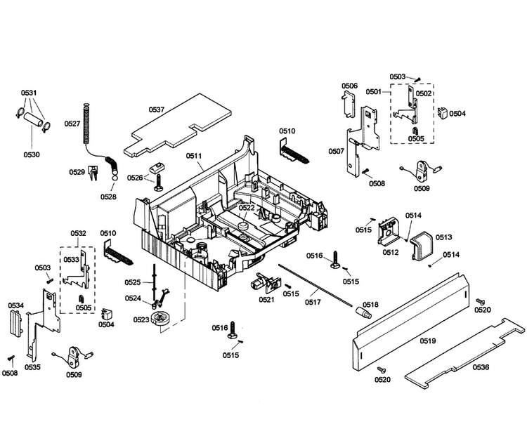 Base Assy Diagram and Parts List for SHE58C02UC 40 Bosch Dishwasher