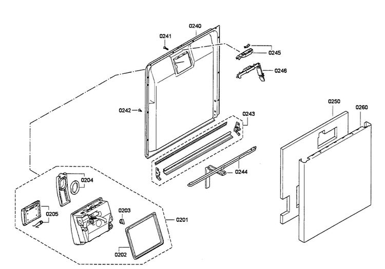 Door Assy Diagram and Parts List for SHE68E05UC 01 Bosch Dishwasher