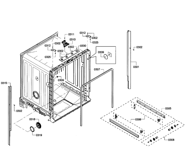 Cabinet Diagram and Parts List for SHE4AM15UC 05 Bosch Dishwasher