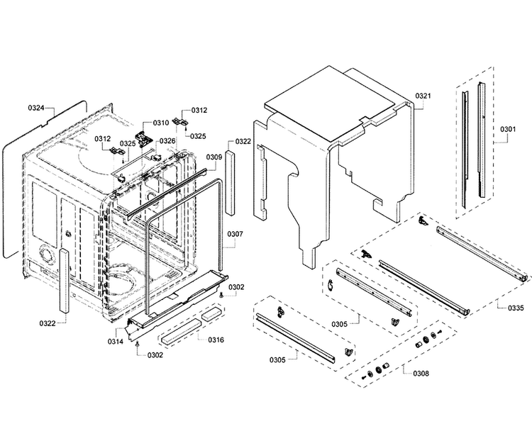 Cabinet Diagram and Parts List for SHE8PT55UC 02 Bosch Dishwasher