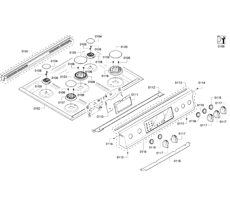 Cooktop Diagram and Parts List for HGI8054UC 03 Bosch Range