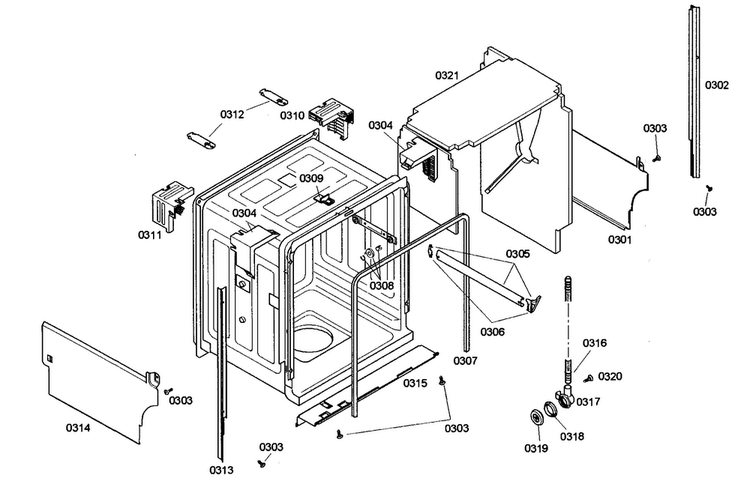 Cabinet Assy Diagram and Parts List for SHE46C02UC 43 Bosch Dishwasher