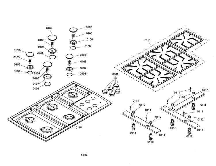 Maintop/grates/burner Cap/jet Holder Diagram and Parts List for NGT946UC 01 Bosch Cooktop