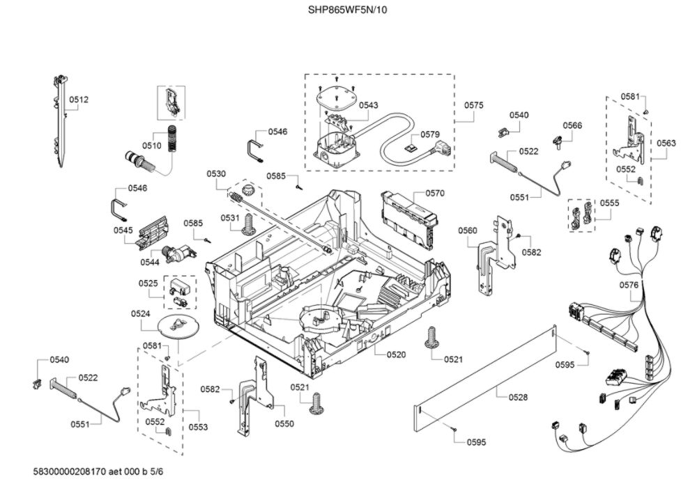 Drain Hose/Power Module/Main Harness Diagram and Parts List for SHP865WF5N 10 Bosch Dishwasher