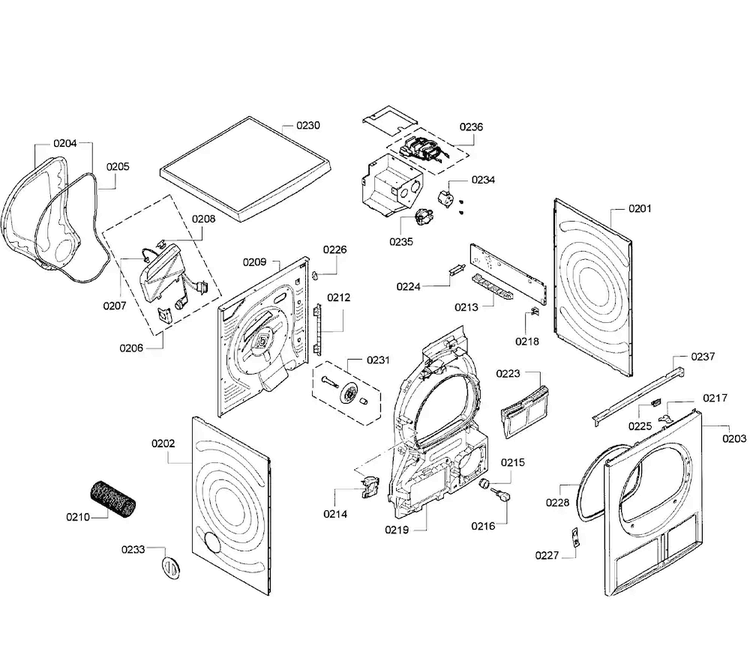 Cabinet Diagram and Parts List for WTV76100US 09 Bosch Dryer