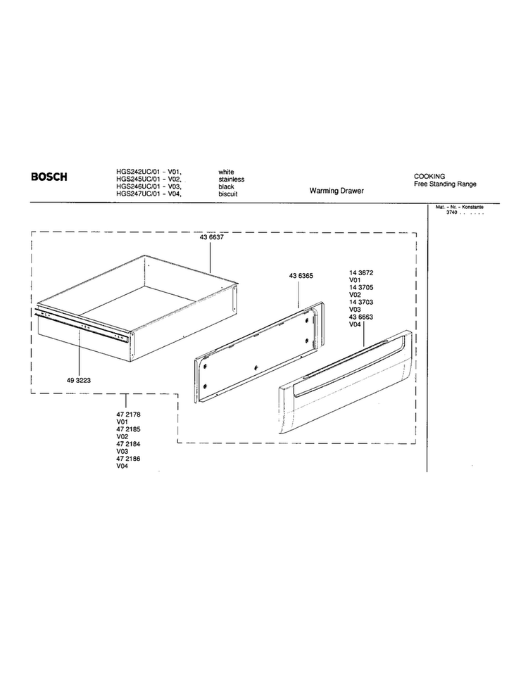 Warming Drawer Diagram and Parts List for HGS242UC 01 Bosch Range