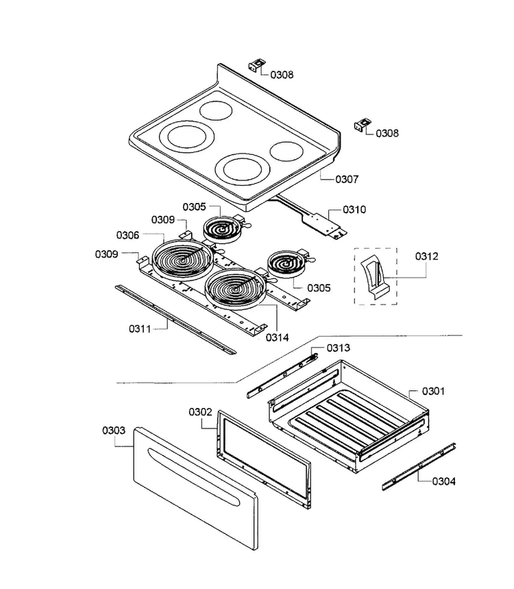 Drawer/top Assy Diagram and Parts List for HES3023U 07 Bosch Range