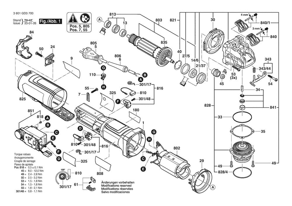 Section 1 Diagram and Parts List for GWX17-125PSB 3601GD3700 Bosch Angle Grinder