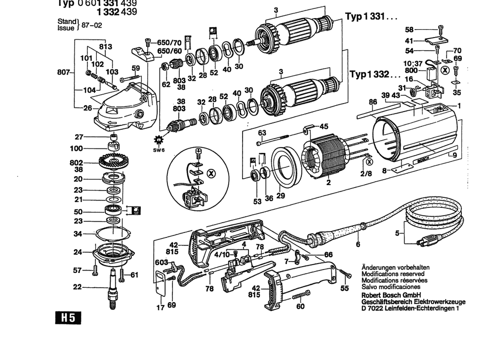 Section 1 Diagram and Parts List for 13324 0601332439 Bosch Angle Grinder