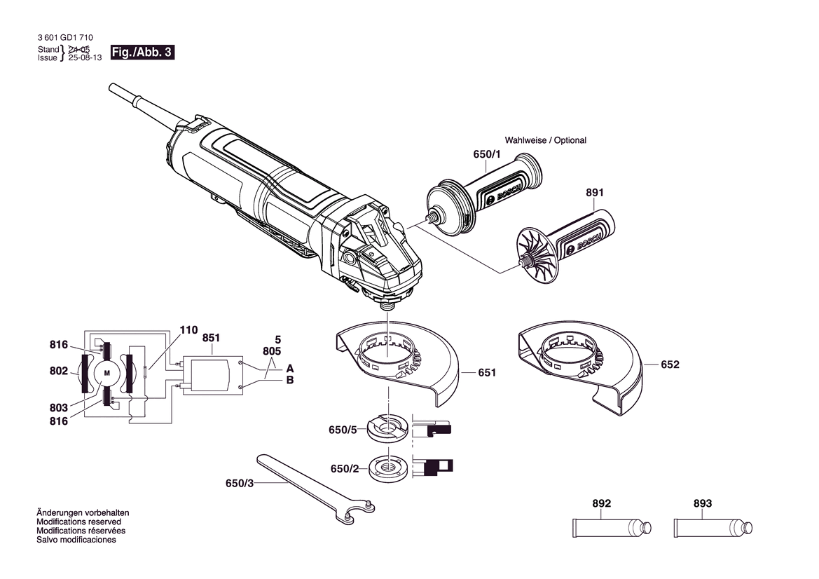 Figure 17 Diagram and Parts List for 3601GD1A10 GWS12-450PBD Bosch Angle Grinder