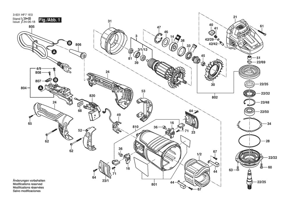 Section 1 Diagram and Parts List for GWS25-230LVI 3601HF81E0 Bosch Angle Grinder